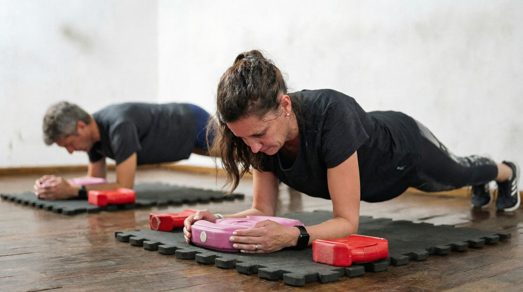 Zona de entrenamiento funcional con pesas y accesorios